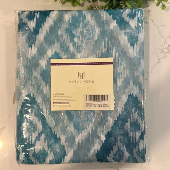 Mysky Home Bedroom Curtains Blue Geometric Pattern Silver Grommets (2)  Panels - Picture 2 of 4